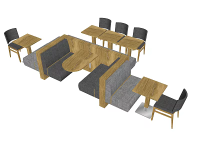 Public Chairs With Wooden Frames And Gray Cushions In Café Lounge Layout With Tables 3d model