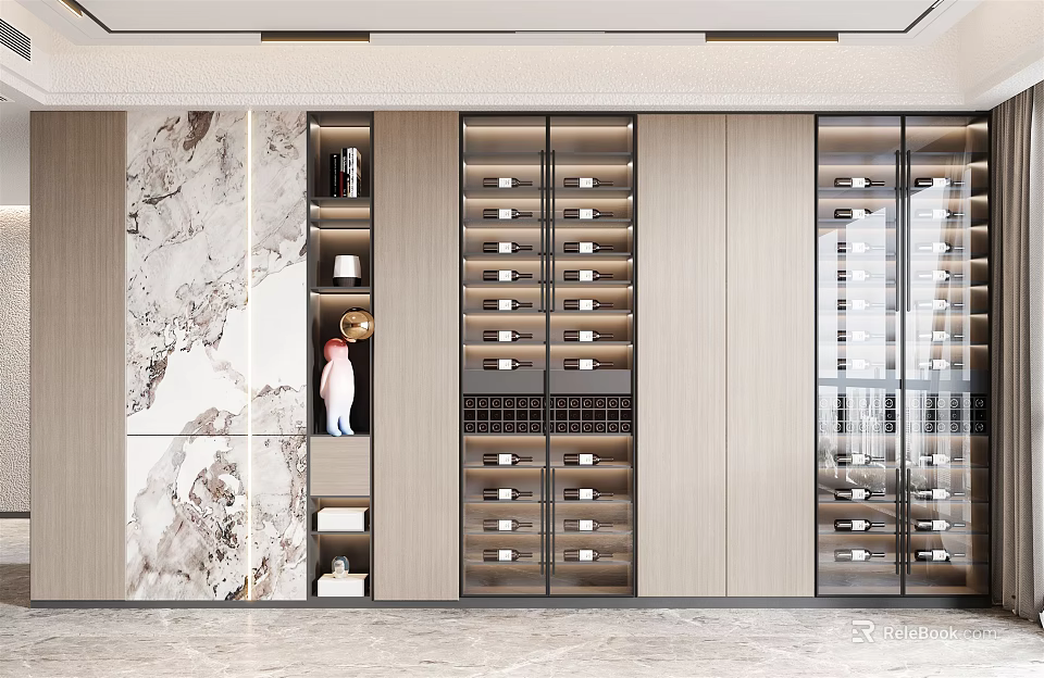 Modern Luxury Wine Cabinet with Glass Doors Wooden Shelves and Marble Accents for Wine Storage 3d model 