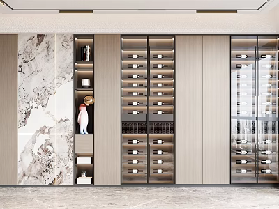 Modern Luxury Wine Cabinet with Glass Doors Wooden Shelves and Marble Accents for Wine Storage 3d model