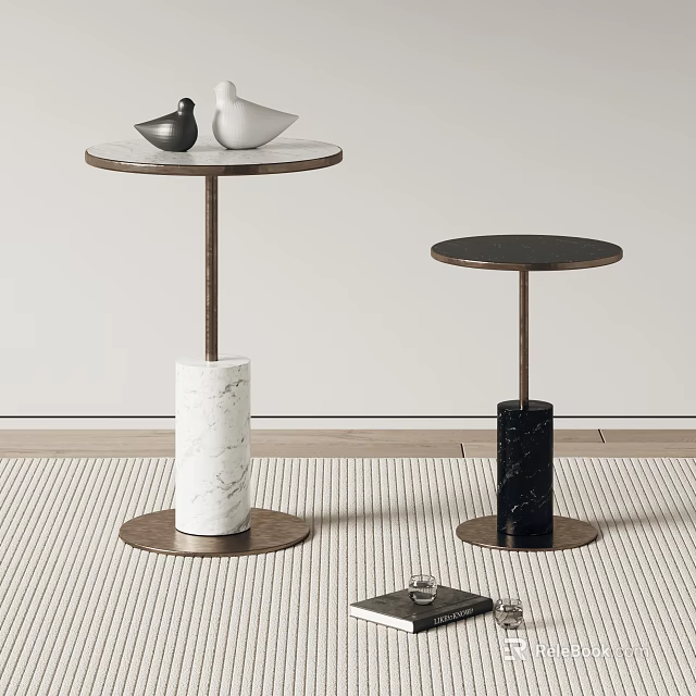 Two Modern Side Tables With White And Black Marble Bases Round Tabletops And Metal Frames 3d model