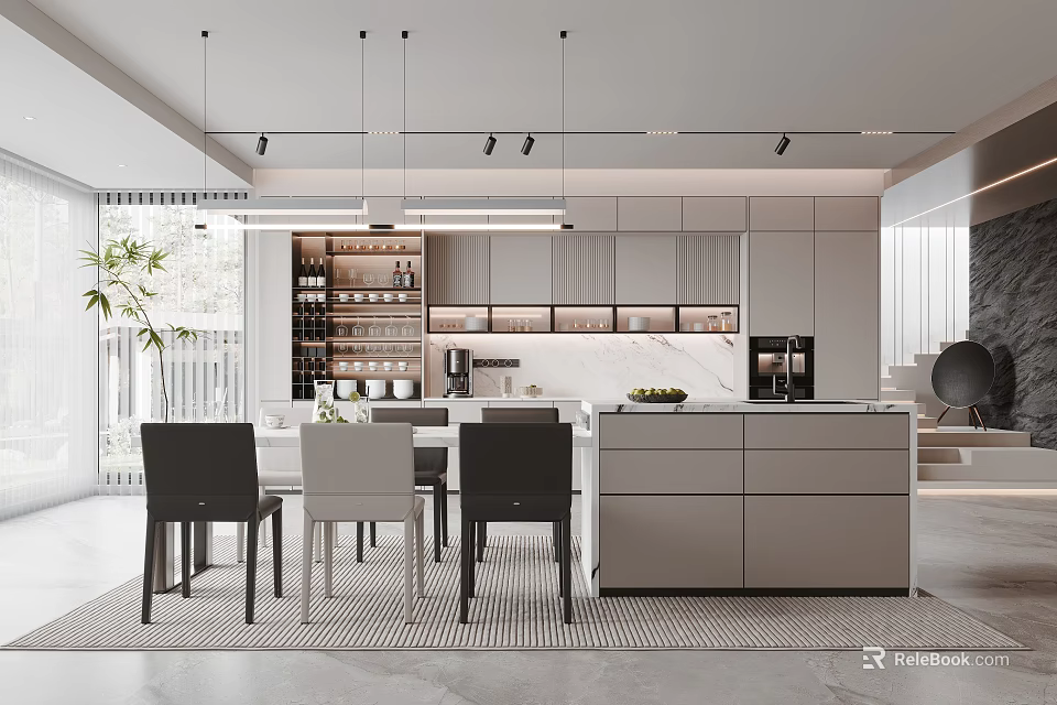 Modern Restaurant Interior Design With Dining Table Chairs Pendant Lights And Marble Counter 3d model 