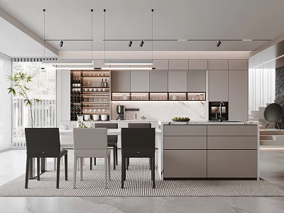 Modern Restaurant Interior Design With Dining Table Chairs Pendant Lights And Marble Counter 3d model