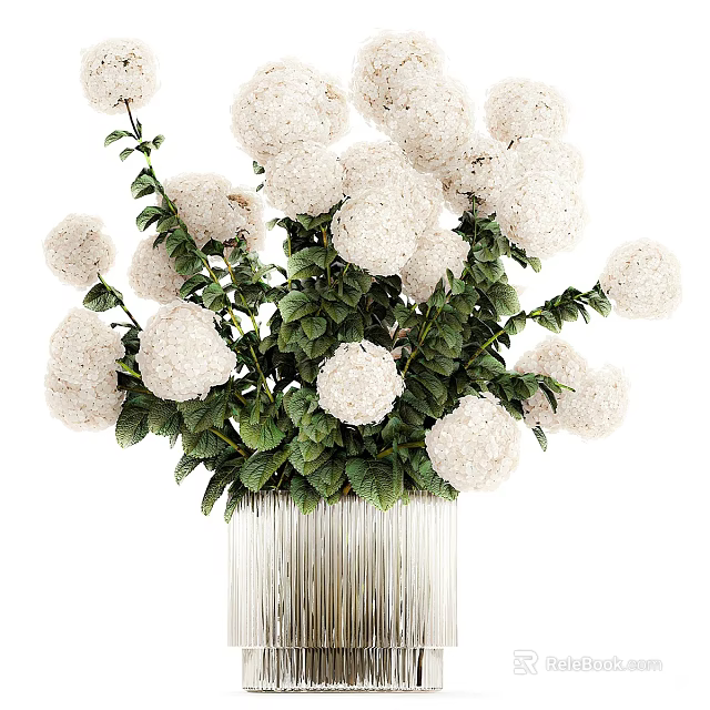 Elegant White Flower Bouquet In Silver Textured Vase With Lush Green Leaves 3d model 