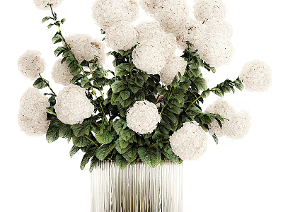 Elegant White Flower Bouquet In Silver Textured Vase With Lush Green Leaves 3d model