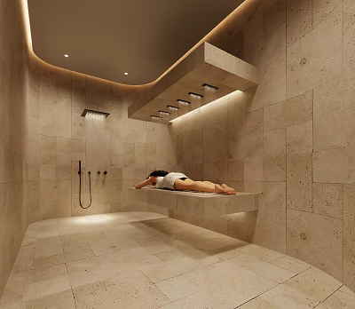Shower Sauna Room with Stone Wall and Floor Bench and Recessed Lighting for Relaxing Experience 3d model