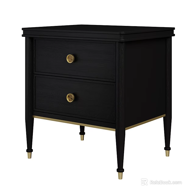 Stylish Black Nightstand With Two Drawers Golden Knobs And Golden Trim Base 3d model 