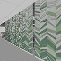 Modern Office Corridor Interior With Green And White Geometric Pattern Partitions And Ceiling Lighting 3d model
