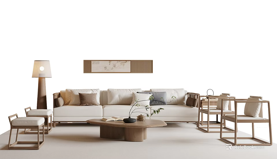 Modern Light Colored Sofa Coffee Table Combination With Wooden Table And Decorative Pillows 3d model