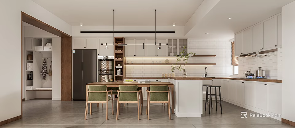 Modern Restaurant Open Kitchen Interior With Dining Table Chairs And Hanging Lights 3d model