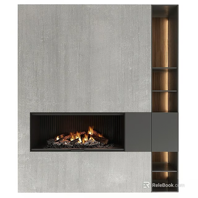 Modern Fireplace In Textured Wall With Dark Cabinetry And Lit Shelves 3d model 