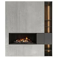 Modern Fireplace In Textured Wall With Dark Cabinetry And Lit Shelves
