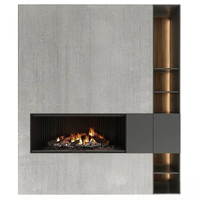 Modern Fireplace In Textured Wall With Dark Cabinetry And Lit Shelves 3d model