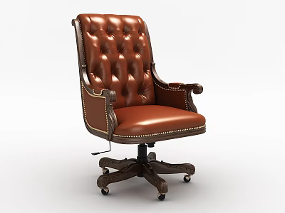 Brown Leather Office Chair With Tufted Design Wooden Armrests And Five Wheel Base 3d model