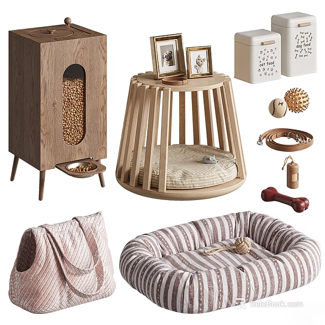 Stylish Pet Supplies With Wooden Feeder Striped Bed Toys Storage Box And Photo Frames 3d model 