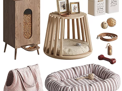 Stylish Pet Supplies With Wooden Feeder Striped Bed Toys Storage Box And Photo Frames 3d model