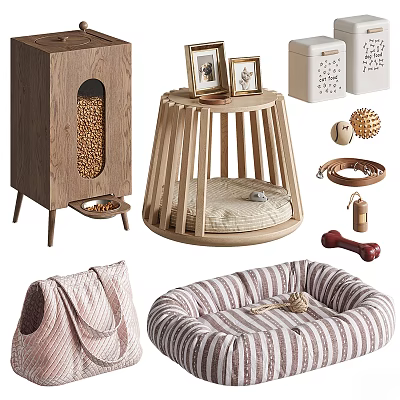 Stylish Pet Supplies With Wooden Feeder Striped Bed Toys Storage Box And Photo Frames 3d model