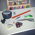 Everyday Sewing Supplies Including Colored Pins Thimble Ruler Tape Measure Scissors And Thread Spools 3d model