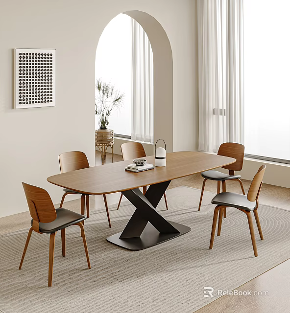 Modern Minimalist Restaurant Dining Area With Oval Wooden Table X Shaped Black Base And Chairs 3d model 