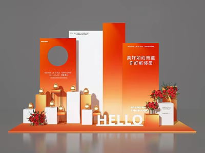 Vibrant Orange And White Photo Spot With HELLO Letters Red Flowers And Golden Spheres 3d model