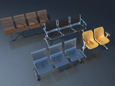 Modern Public Waiting Chairs With Wooden Metal And Yellow Seats Design 3d model