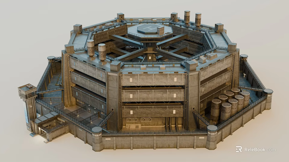 Future Architecture Octagonal Multi Level Structure With Tower Like Top And Cylindrical Elements 3d model 