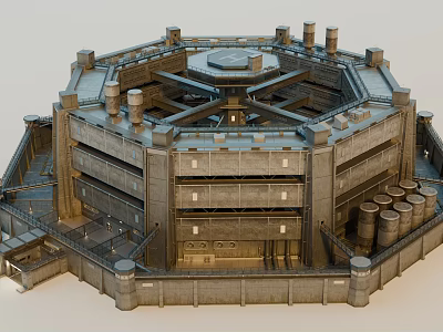 Future Architecture Octagonal Multi Level Structure With Tower Like Top And Cylindrical Elements 3d model
