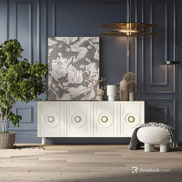 White TV Stand With Circular Accents Against Dark Blue Wall Decorative Painting And Green Plant 3d model 