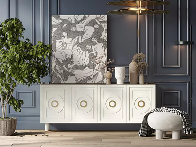 White TV Stand With Circular Accents Against Dark Blue Wall Decorative Painting And Green Plant 3d model
