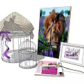 Decorative Ornament Set With Birdcages Checkered Cloth Purple Ribbon Horse Photo Frame Book And Daisy