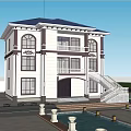 Two Story Detached Villa With White Exterior Blue Roof Front Balcony Staircase And Mountain View