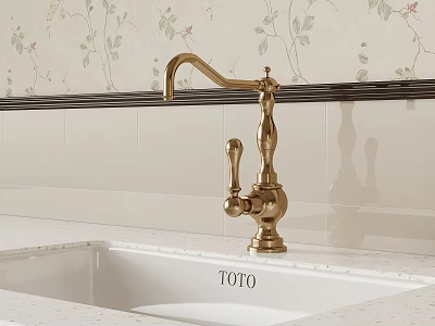 Stylish Golden TOTO Faucet on White Countertop with Floral Wallpaper in Sink Area 3d model