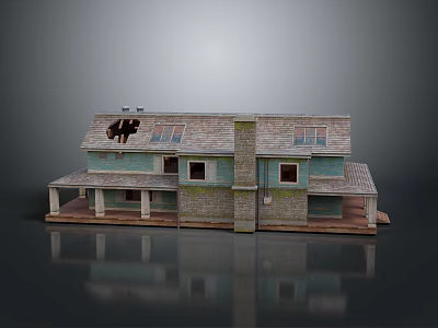 Two Story House With Gray Tile Roof Blue Exterior Columned Porch And Windows 3d model