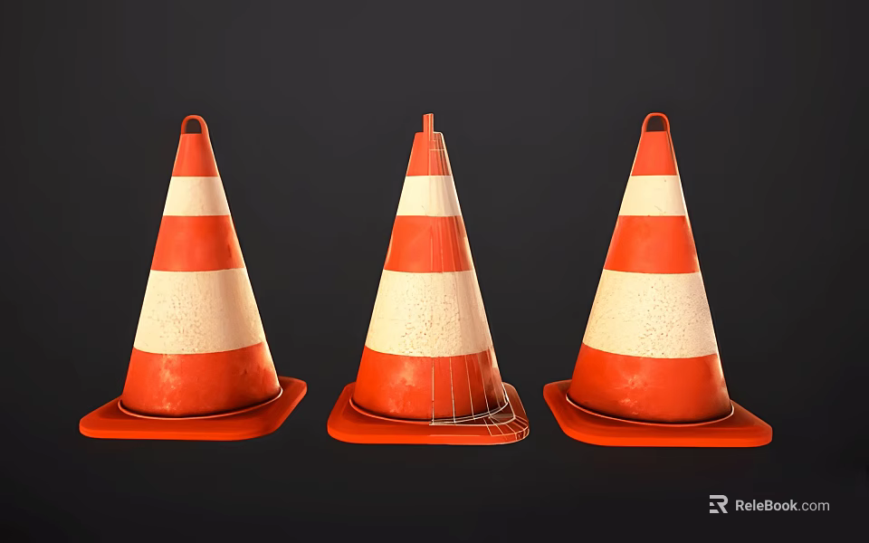 Road Traffic Cones With Orange And White Stripes For Safety Equipment 3d model 