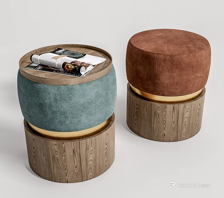 Stylish Blue and Brown Ottoman with Wooden Base Fabric Upholstery and Magazines 3d model 