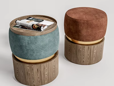 Stylish Blue and Brown Ottoman with Wooden Base Fabric Upholstery and Magazines 3d model