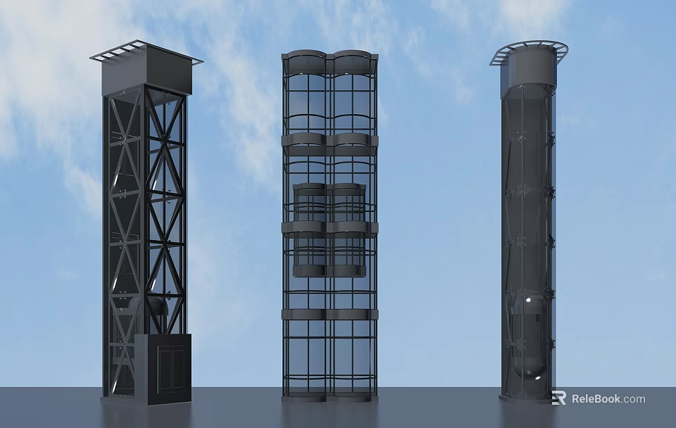 Three Modern Tower Structures With Diverse Designs And Glass Facades Under Blue Sky 3d model 