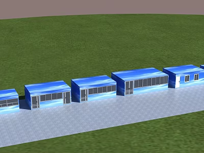 A Row of Blue Portable Cabins on Green Grassland With Gray Paved Ground 3d model