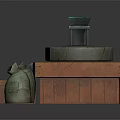Traditional Stone Mill Setup With Wooden Frame Burlap Sacks And Mortar On Stand