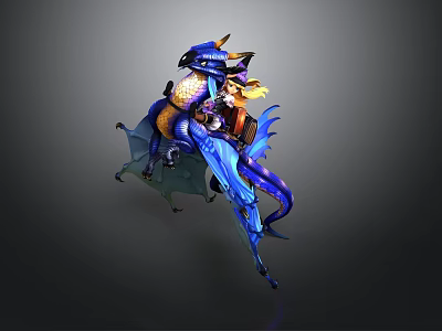 Blue And Yellow Mythical Dragon With Fantasy Rider And Decorative Wings 3d model