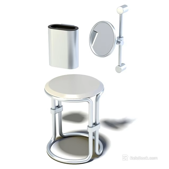 Sleek Modern Bathroom Set With Round Stool Mirror And Metal Holder 3d model 