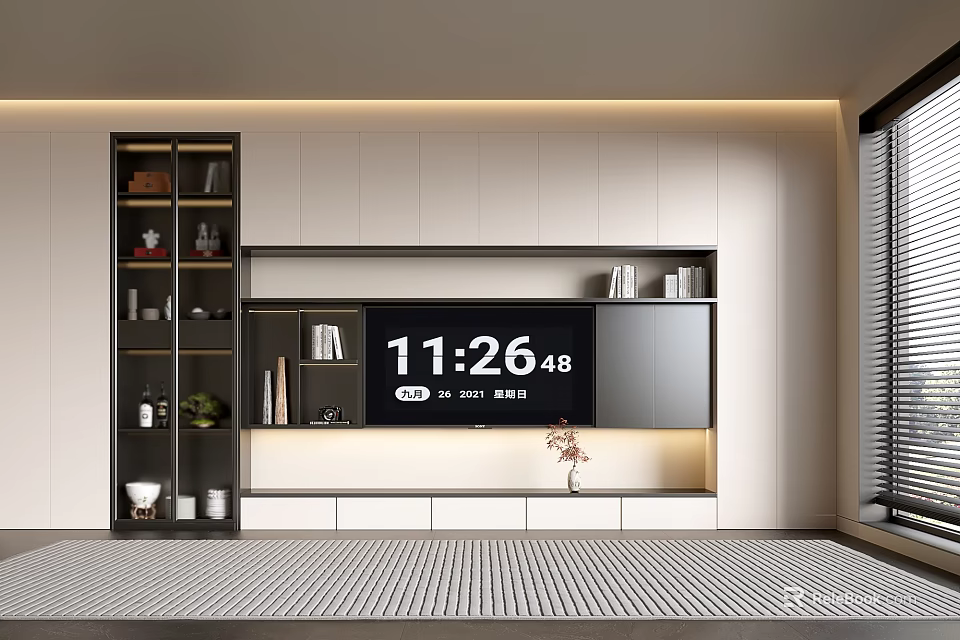 Modern Built-in TV Cabinet With Display Screen Time Storage And Decorative Accents 3d model 
