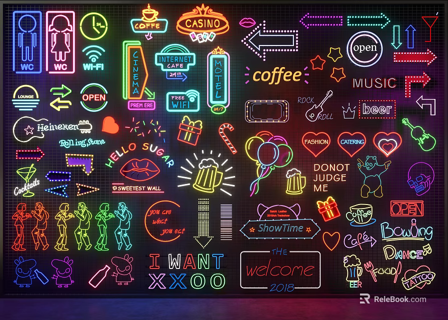 Eye Catching Decorative Neon Lights With Various Patterns Symbols And Creative Sign Designs 3d model