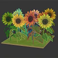 Cluster Of Vibrant Yellow Sunflowers With Dark Centers And Green Leaves On Green Base