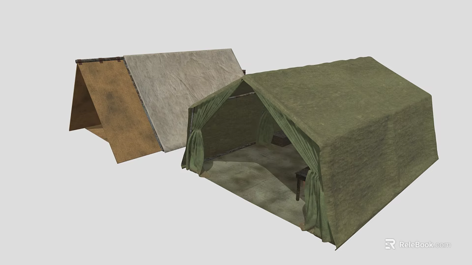 Open Green Canvas Camping Tent With Folded Brown Fabric Outdoor Structure 3d model 