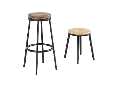 Modern Tall and Short Stools with Wooden Tops and Black Metal Legs 3d model