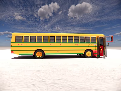 Yellow School Bus With Green Stripes On White Ground Under Blue Sky 3d model