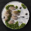 Mini Bonsai Landscape in Circular Tray Featuring Green Moss Stones Curved Metal Wires White Gravel