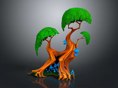 Cartoon Tree Scene With Green Leaves Orange Trunks Multiple Branches And Blue Mushrooms 3d model