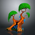 Cartoon Tree Scene With Green Leaves Orange Trunks Multiple Branches And Blue Mushrooms