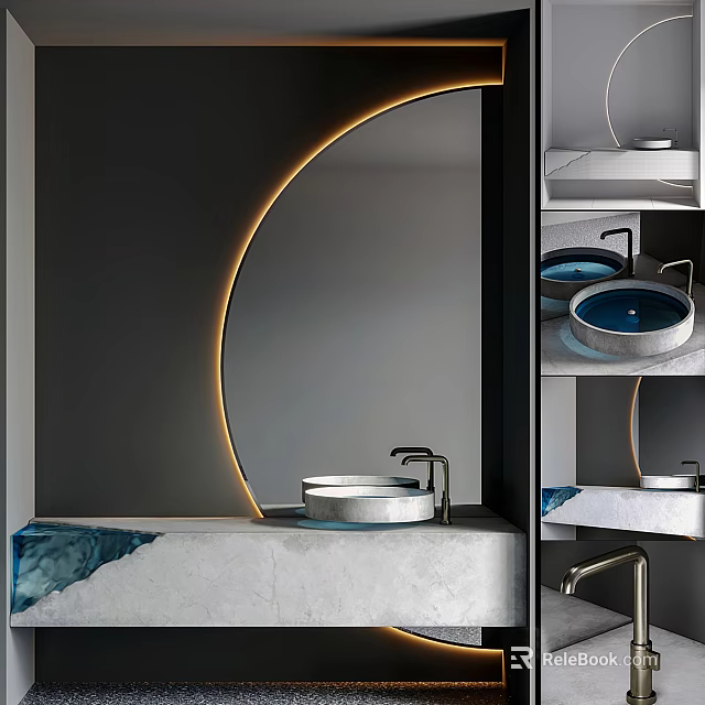 Modern Bathroom Washbasin Interior With Circular Mirror Concrete Countertop And LED Lighting 3d model 